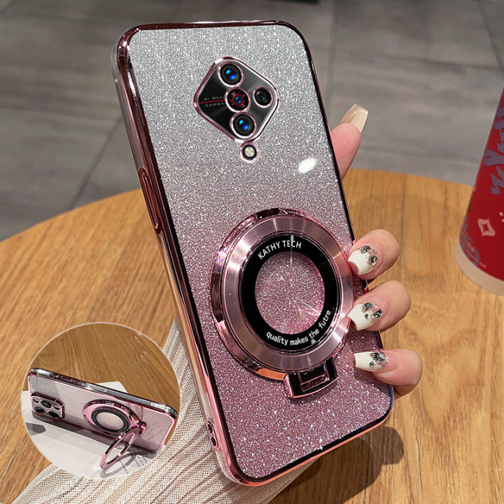 For Vivo Y51 Back Cover with Stand Holder Luxury Shiny Gradient Plating Glitter Girls Slim Phone Case Clear Soft Silicone Protective Cases Pouch Women