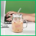 Glass tumbler Mug with lid and glass straw-Spill Proof with silicon protective Lid-Coffee, Milk glass Mugs-cute Juice glass mug. 