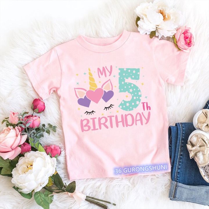 It's My 2-9th Birthday Numuber T-Shirt Kawaii Unicorn Eyelashes Cartoon Pink Kids Clothes Girls T Shirt Short Sleeve