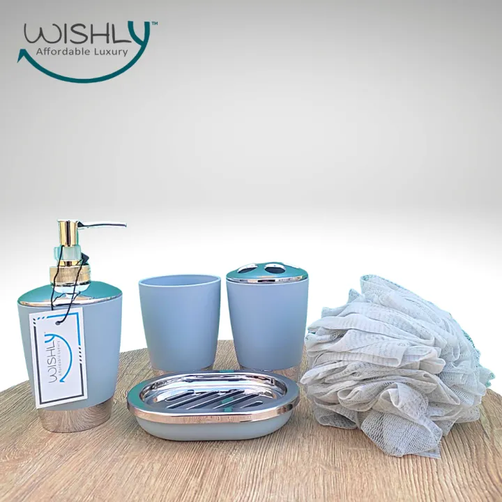 Wishly%20Plastic%20Bathroom%20Accessory%205%20Pcs%20Set%20Plain%20Mod%20Design%20Soap/Hand%20wash%20Dispenser,%20Bathroom%20Tumbler,%20Soap%20Dish,%20Toothbrush%20Holder,%20Toothbrush%20Cup%20&%20Shower%20Loofah%20Ball/Sponge%20for%20Countertop%20Home%20Decor%20Housewarming%20Gift%20Set.%20-%20Image%202
