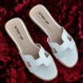 Women's Flat White H Slides - Synthetic Leather Slippers. 