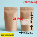 16x26 cm Packs of 50/25 pcs Kraft Paper Standup Pouch Brown/Craft Paper Bag Zip Lock Stand Up Pouch Clear Window Display. 