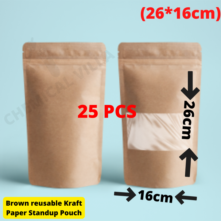 16x26 cm Packs of 50/25 pcs Kraft Paper Standup Pouch Brown/Craft Paper Bag Zip Lock Stand Up Pouch Clear Window Display