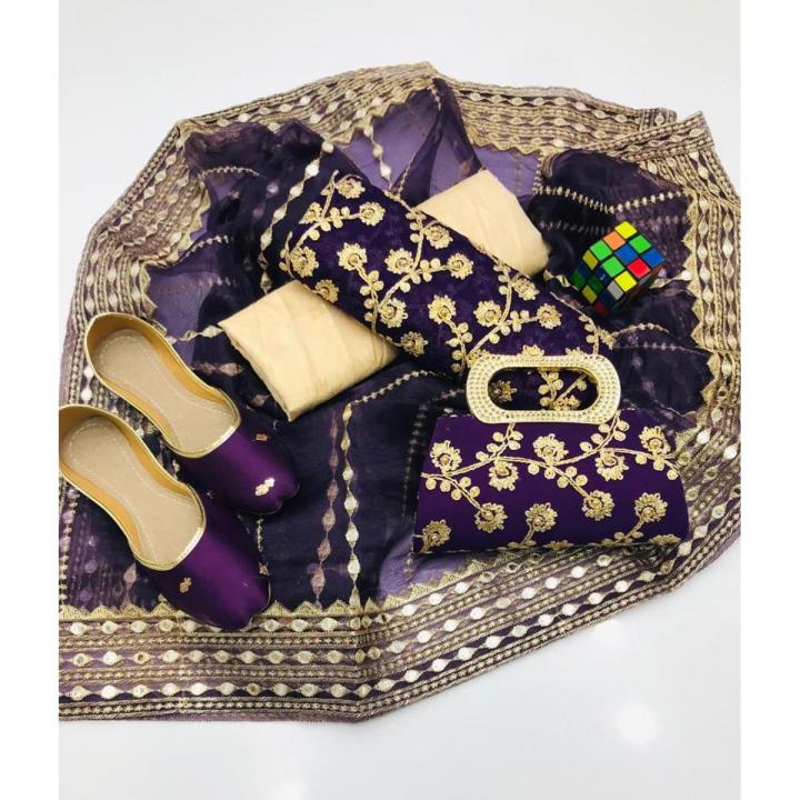 Girl's Dream Fashion New Winter Collection 2023 Dresses for Women's 3Pcs Suit Fancy Dress for girls Party Collection 5Pcs Dress Pearls Dori Work Crinkle Chiffon Shirt Heavy Embroidery Plain handmade work duapta Fancy Pealrs Work clutch And Fancy Gift Free