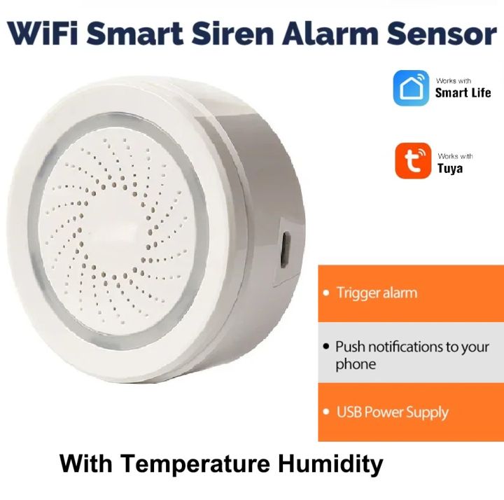 Tuya Smart Siren Alarm Sensor with Temperature & Humidity | WiFi & ZigBee Versions | Sound + Light Alarm | Smart Life App | USB Powered | Push Notification | Smart Home Security