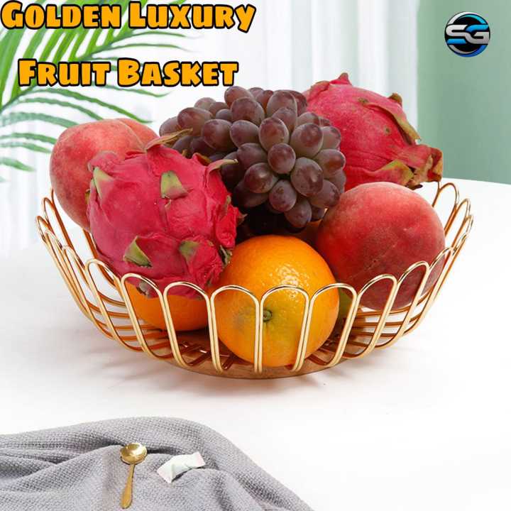 Golden Luxury Fruit Basket Countertop Fruit Vegetable Basket Bowl for Kitchen Counter, Metal Wire Countertop Fruit Bowl Basket Holder for Kitchen | Gold Modern Storage Table Centerpiece with Wood Stand | Home Décor 1pcs