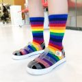 【HOT】 Fashion Rainbow Socks For Kids Spring Summer Colourful Stripe Breathable Cotton Girls Boys Tube Socks School Long Socks 1-8 Year. 