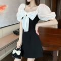 Women  Dress Black White Contrast Color Bubble Sleeve Bow ie Square Neck Little Black Dress color. 
