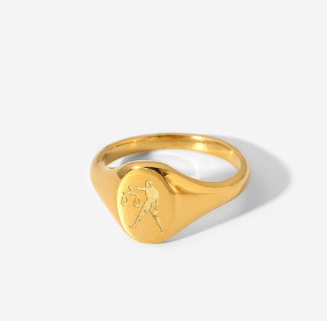 Stylish 18K gold-plated waterproof stainless steel ZODIAC12 Astrology Ladies & Men Gold Seal ring