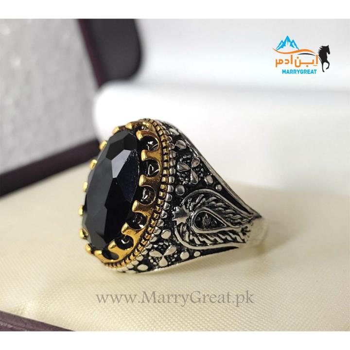 Black Oval Turkish Ring For Men | Turkish Silver Stainless Steel Fashion Men Ring |  MarryGreat.pk