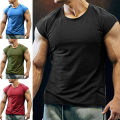 Men T-shirt Solid Color Breathable Summer Round Neck Sleeveless Top for Fitness. 