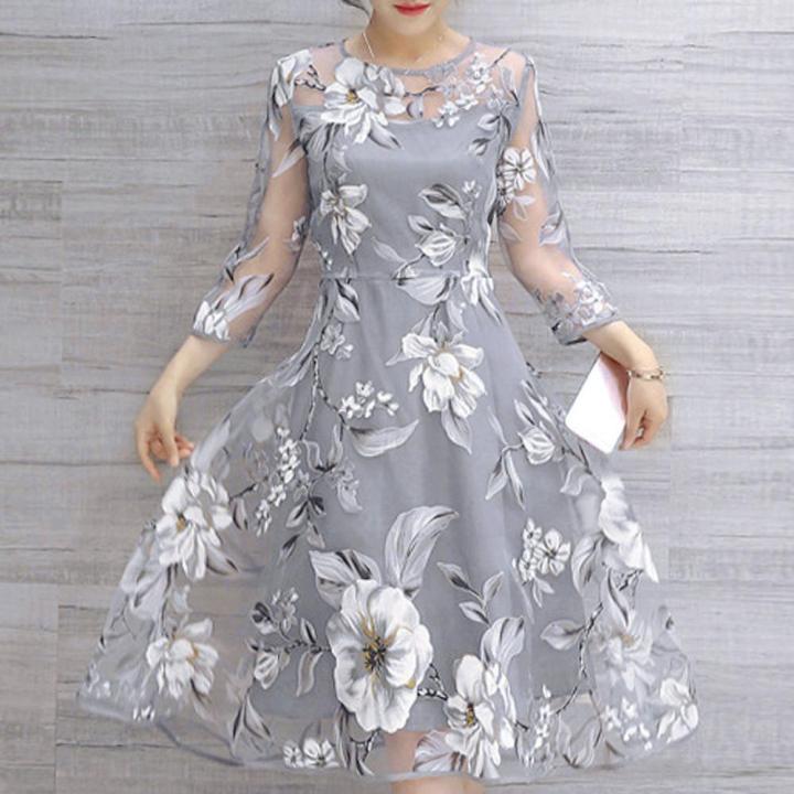 Women's%20Summer%20Floral%20Print%20Korean%20style%20Wedding%20Party%20Ball%20Prom%20Gown%20Dress%20-%20Image%203