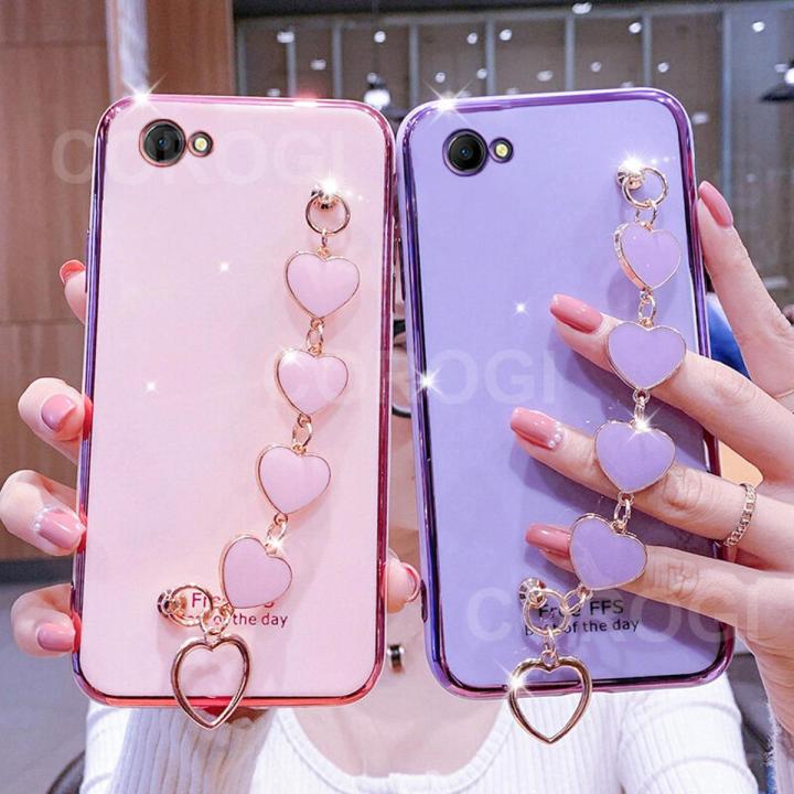 For Vivo Y71 Back Cover with Love Heart Chain Wrist Strap Fashion Bracelet Shiny Plating Bumper Protective Case Silicone Shockproof Mobile Phone Cases