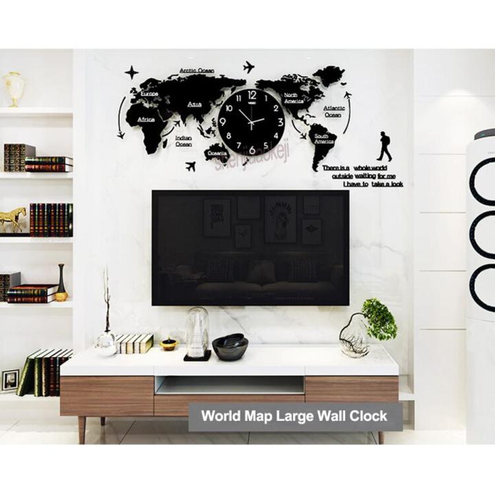 World Map Wall Clock - Wooden Wall Clock Large Modern Design 3D Stickers Hanging Clock Decorative Watch Home Silent Wall Clocks