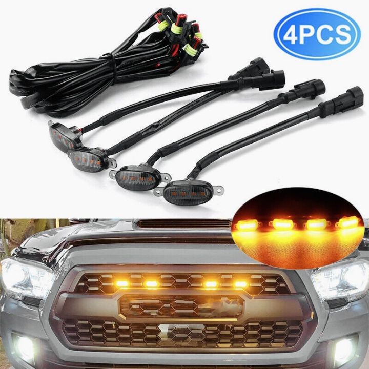 4 Pieces Car Grill Led Lights Orange Color Daytime Running Lights 12 Volt For Cars, SUV, Trucks