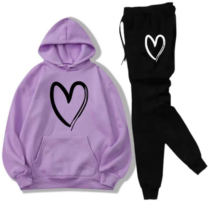 Lilac Heart Printed Tracksuit For Girls & Women - Comfy & Cozy Hoodies For Girls