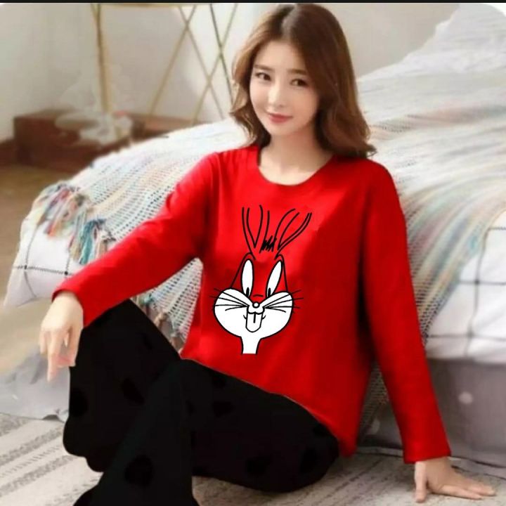 Printed Stylish Design T-Shirt Printed Trouser Design Stylish full Sleeves T-Shirt and Pajama Sexy Ladies Night Suit Ladies Night Wear Ladies Nighty Ladies Sleep Wear Suits ! Night Suit For Women and Girls