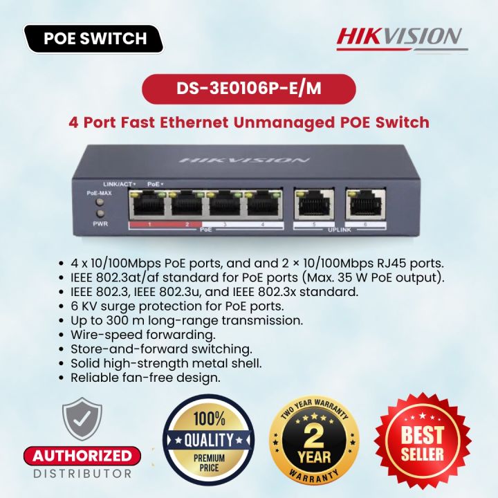 HIKVISION DS-3E0106P-E/M 4 Port Fast Ethernet Unmanaged POE Switch Transmission Network Switches Value Series-Store-and-forward switching-Solid high strength metal shell ethernet switch