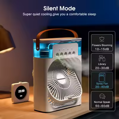 Portable air conditioner fan 3 In 1 Desk Cooling Fan Spray Fan Quiet Cooling Air 3 Gear Wind Adjustment 7 Ambient Light Timer Mute USB Mini Portable Summer Fan Stand Fan Desktop Fan For Room Office