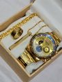 Pack of 4 Golden Watch, Chain Bracelet, Ring, Bar Locket Set for Men/Boys With box. 