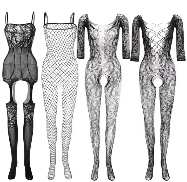 Plus Size Women Black Lace Mesh Bodystockings Crotchless Lingerie High ...