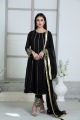 Noir Opulence: 3-Piece Hand-Embroidered Stitched Black Chiffon Suit with Gota, Cutdana, Moti, Dabka sleeves, Chiffon Dupatta Pallu, Silk Trousers - a symphony of exquisite craftsmanship and elegance. 