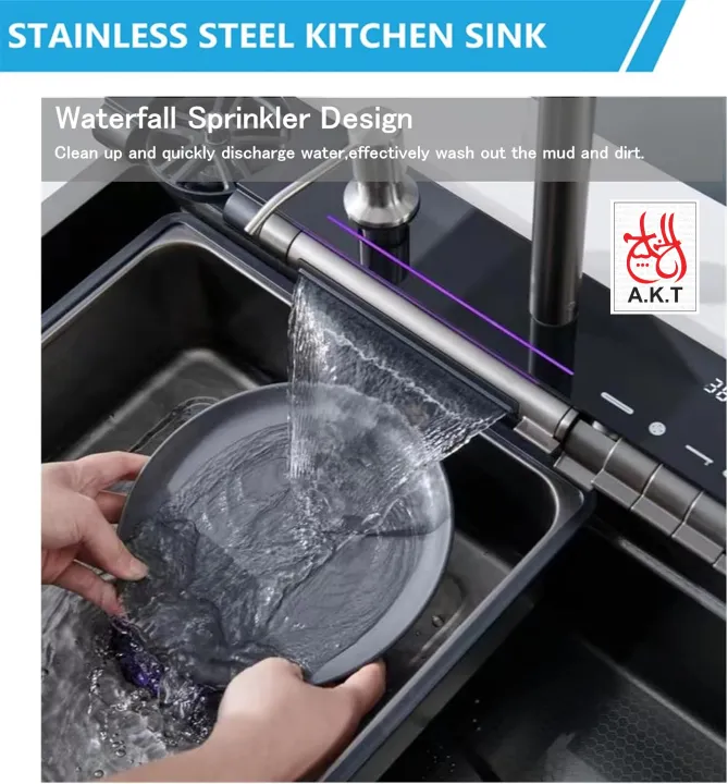 Kitchen%20Sink%20Digital%20Display%20Embossed%20Large%20Single%20Groove%20honeycomb%20dragon%20Black%20Nano%20Raindance%20Waterfall%20Sink%20with%20Pressurized%20Cup%20Washer%20and%20Two%20Waterfalls%20-%20Image%205
