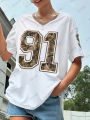 2025 New 2025 Summer New Retro No.91 Printed T-Shirt For Women V-Neck Short Sleeve Sports Football Jersey Y2K Loose Oversized Tops. 