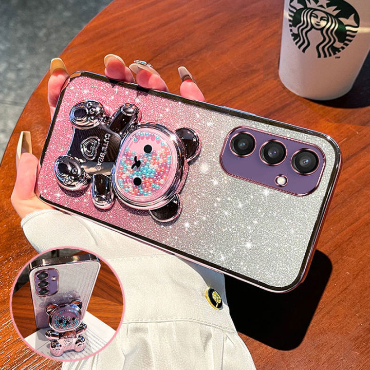 For Samsung Galaxy S24 / S24 Plus / S24 Ultra Back Cover with 3D Bear Hidden Stand Bracket Luxury 6D Gradient Shiny Plating Glitter Women Phone Case Clear Soft Silicone Protective Cases Pouch Girls