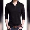 Stylish Black Front Half Zip Full Sleeve T-Shirt. 