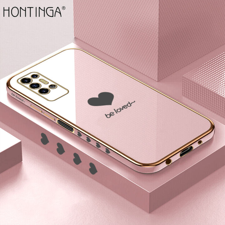 Hontinga for Tecno Pova 2 Back Cover Luxury 6D Plating Lover Heart Side Pattern Case Soft Silicone Square Phone Cases