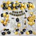 Happy Birthday Golden & Black Theme Complete Set ( Including Birthday Banner +30 Metallic balloons (Gold + Black & Silver ) +5 Pc Filled Confetti Balloons + 1 pc Crown Foil Balloon ) Birthday & Party Items Birthday Decorations - Birthday Home Decor. 