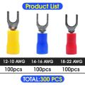 Insulated fork-200 x Red AWG 22-16(0.5-1.5mm2)
200 x blue AWG 16-14(1.5-2.5mm2)
200 x yellow AWG 12-10(4-6mm2)-Red&Blue&Yellow. 