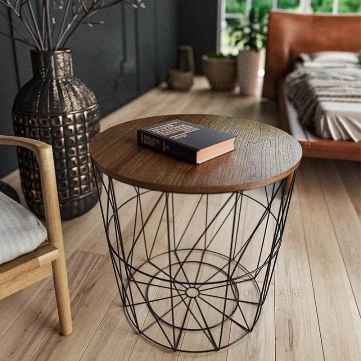 METAL%20WIRE%20REMOVABLE%20WOOD%20TOP%20FOLDABLE%20ROUND%20COFFEE%20SIDE%20TABLE%20STORAGE%20BASKET(%2016%20L%2016%20W%2018.5%20H%20)%20-%20Image%209