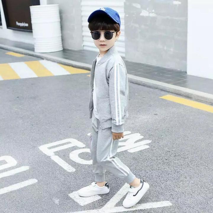 Grey with White Stripes Style Full Sleeves Track Suit for Kids