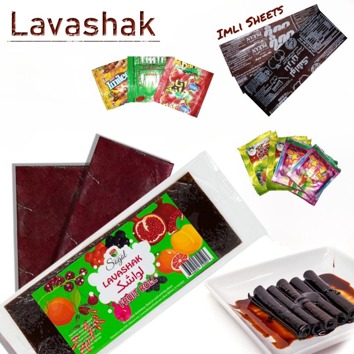 20 Pcs Set - 10 Lavashak Fruit Lather Sheets - 5 Churan Chat Masala Powder - 5 Mix Imli Souse's - Irani Imli Strips Roll Chooran Chaat Masala Khati Methi Sweet and Sour Layer Viral Choran Rolls Taili lavashak fruit leather Pack Of 20 STRIPS