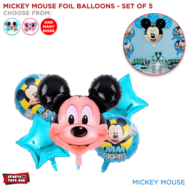 Minnie Mouse & Mickey Mouse Set of 5 Pcs Printed Chrome Metallic Foil Balloons Set For Baby Girl & Boy Reusable Balloon For Birthday Parties Decoration, Theme Party Supplies, PreSchool Class Theme Kids Born Day, Princess King Birth Day Helium Baloons Set