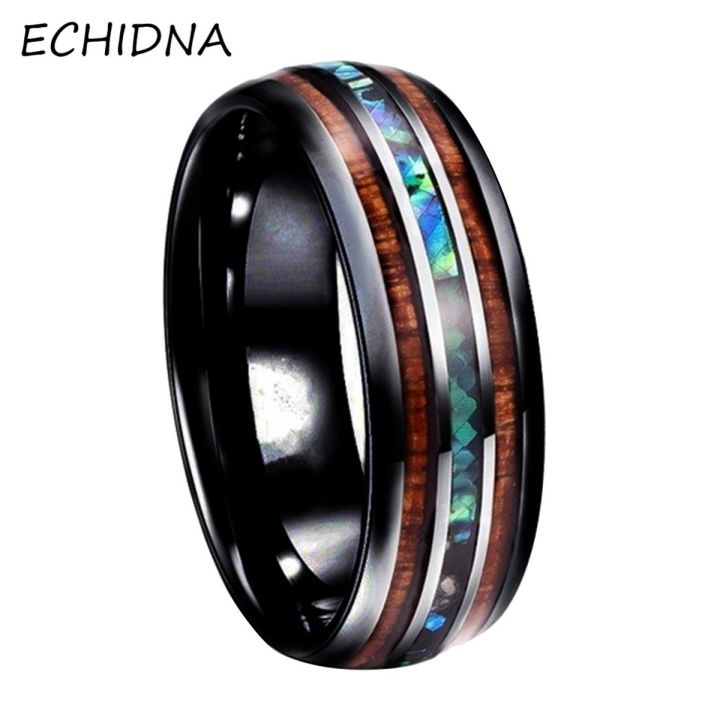 Fashion Unisex Wooden Abalone Shell Titanium Steel Ring Wedding Party Jewelry