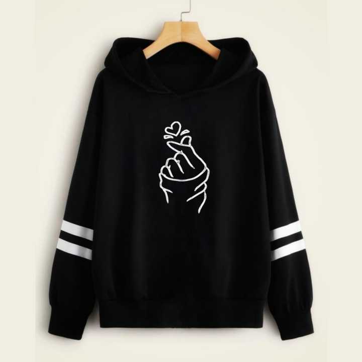 Black Double Stripe Finger Heart Printed Hoodies For Girls & Women - Comfy & Cozy Hoodies For Girls