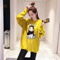 Korean Fashion Medium And Long Clothes Female Autumn Dress Korean Version Loose Thin Cartoon Print Round Collar Bf Student Coat. 