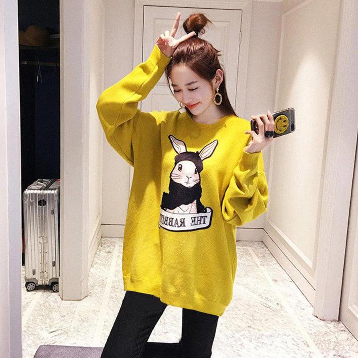 Korean Fashion Medium And Long Clothes Female Autumn Dress Korean Version Loose Thin Cartoon Print Round Collar Bf Student Coat