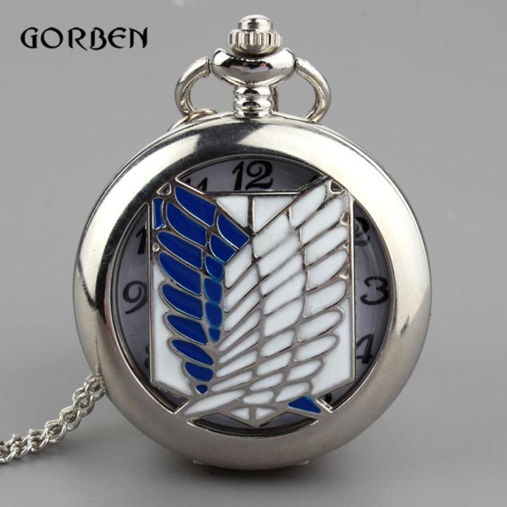 Retro Anime Hollow Pocket Watch Creative Wing Sliver Necklace Chain Quartz Clock Attack On Titan Men Women Watches Gifts