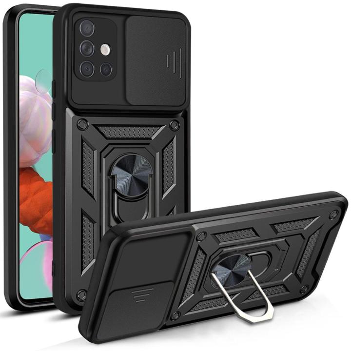 For Samsung Galaxy A51 4G Rugged Armor Protection Case with Slide Camera Cover Ring Holder Stand casing