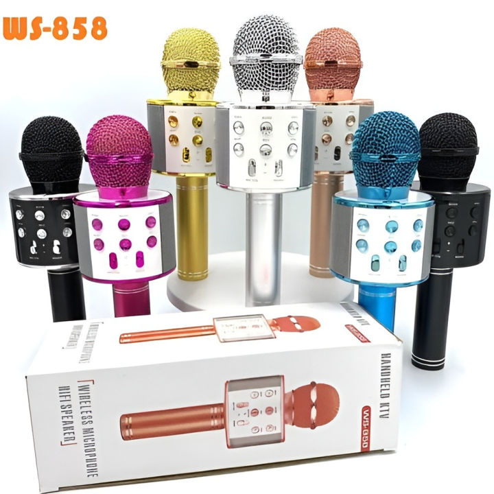 New WS 858 Portable Rechargeable Wireless Bluetooth Microphone & HiFi Speaker KTV Handheld Karaoke Singing Mic For Kids & Adults Best For Birthday Gift Home Party Indoor Outdoor Entertainment Song and Naat Singing WS858 Wireless Mic
