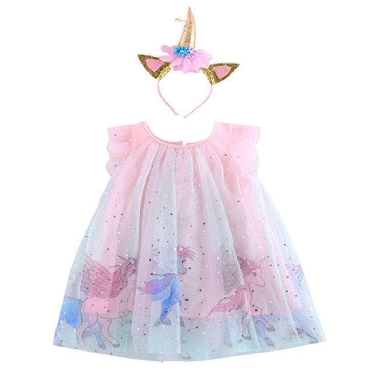 Kids baby girl cute unicorn frock with headband children dress for party/eid/birthday/event/wedding 5-6 yrs120