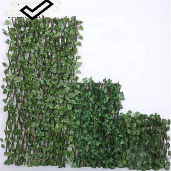 Retractable Wooden Fence with Green Leaf-Artificial Wooden Green Leaf Fence 2 feet (24 inches)-Small Retractable Money Plant Leaves Fence- Bail of leaves - Wood Vines Climbing Frame Gardening Plant Home Decoration Size 2 feet