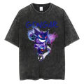 Vintage washed black anime Pokemon Gengar graphic t shirt men hip hop streetwear retro Harajuku tshirt cotton tops tees casual. 