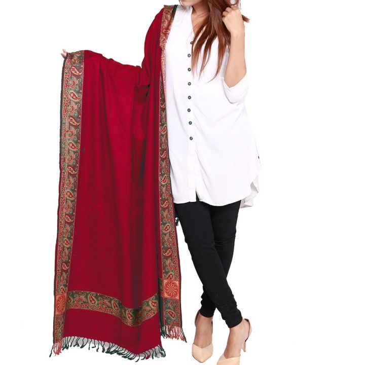 Kashmiri Pashmina Shawl For Women  Reddish Maroon 4 Border Stole For Girls SHL-147-5