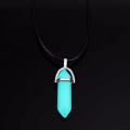 New Luminous Stone Fluorescent Hexagonal Column Necklace Natural Crystal Gem Stone Pendant Leather Chains Necklace. 