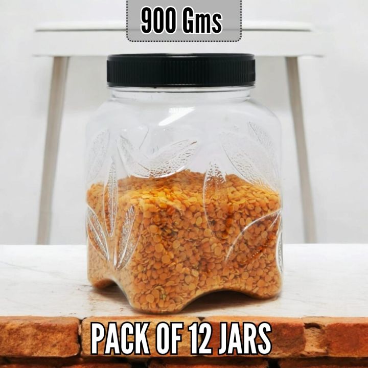 BLACK CAP LEAF DESIGN - 90 Mm Wide Mouth Storage Jar 1 kg - FOOD GRADE Pet Plastic - PACK OF 12 PCS